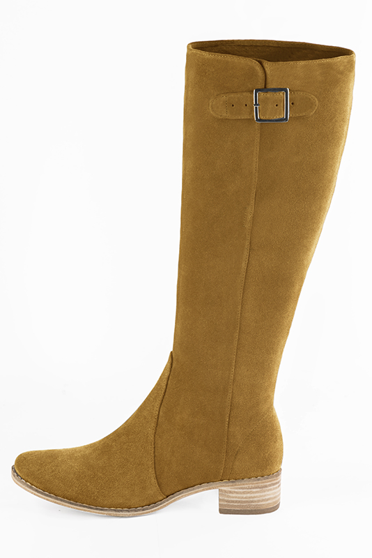 Mustard yellow women's knee-high boots with buckles. Round toe. Low leather soles. Made to measure. Profile view - Florence KOOIJMAN